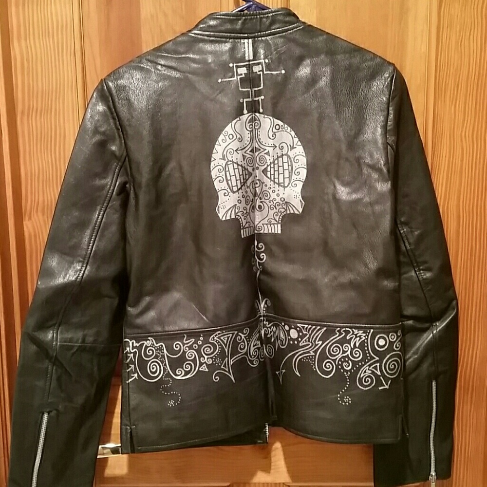 UNIQUE Hand painted skull genuine leather jacket